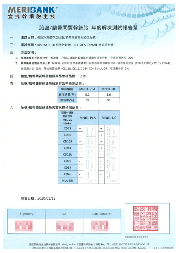 胎盤、臍帶間質幹細胞活性報告