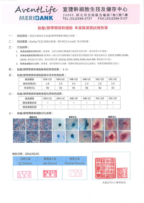 胎盤、臍帶間質幹細胞活性報告